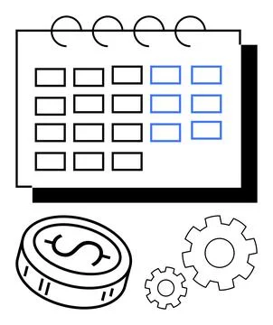 Calendar with multiple dates, coin with dollar sign, gears symbolizing proces Stock Illustration