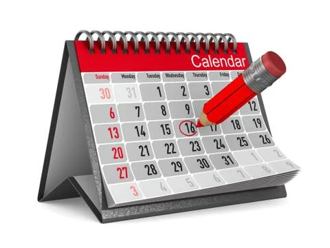 Calendar with noted date on white background. Isolated 3D illustration Illustrazione stock