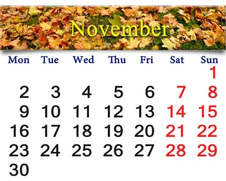 Calendar for november of 2015 with the yellow leaves Stock Illustration