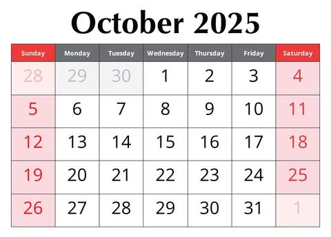 Calendar for October 2025. Design vector illustration. English page of autu.. Ilustração Stock