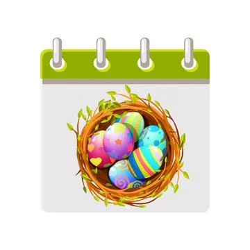 Calendar page for Easter Day. Happy Easter Day with coloring eggs in bird nes Stock Illustration