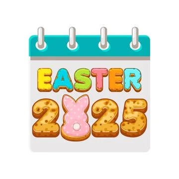 Calendar page for Easter Day with word Easter 2025 and bunny like cookies for Stock Illustration