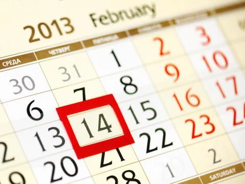 Calendar page with red frame on february 14 2013 Stock Photos