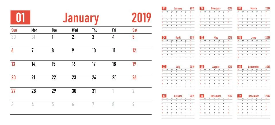 Calendar planner 2019 template Stock Illustration