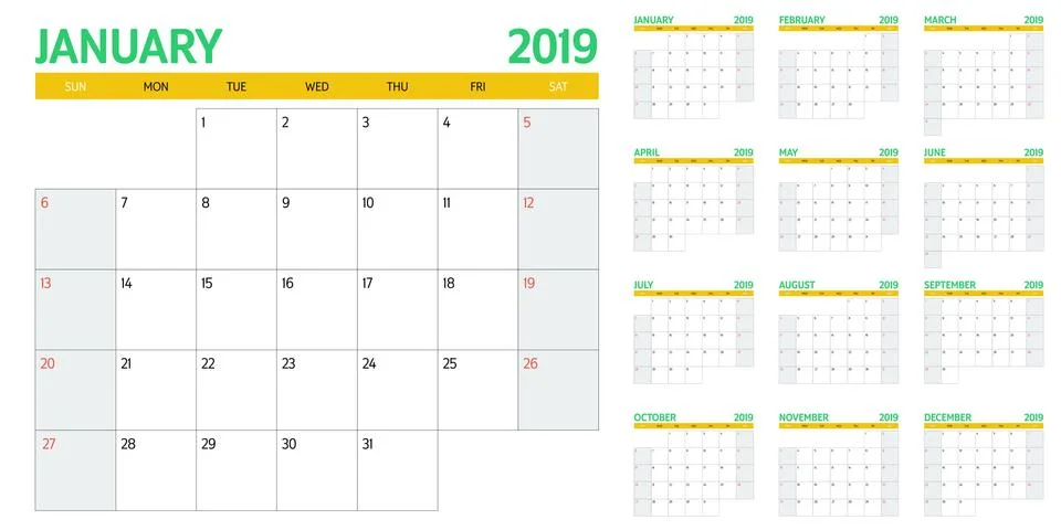 Calendar planner 2019 template vector illustration Stock Illustration