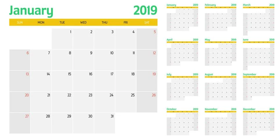 Calendar planner 2019 template vector illustration Stock Illustration