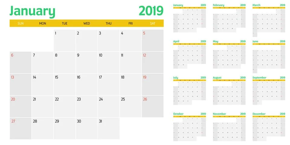 Calendar planner 2019 template vector illustration Stock Illustration