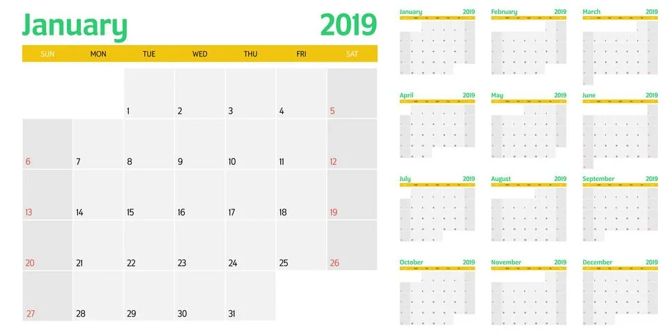 Calendar planner 2019 template vector illustration Stock Illustration