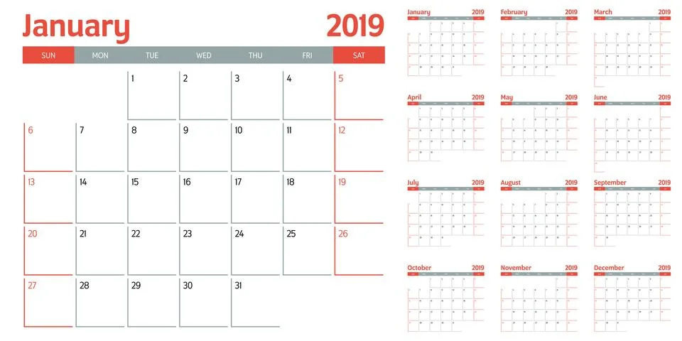 Calendar planner 2019 template vector illustration Stock Illustration