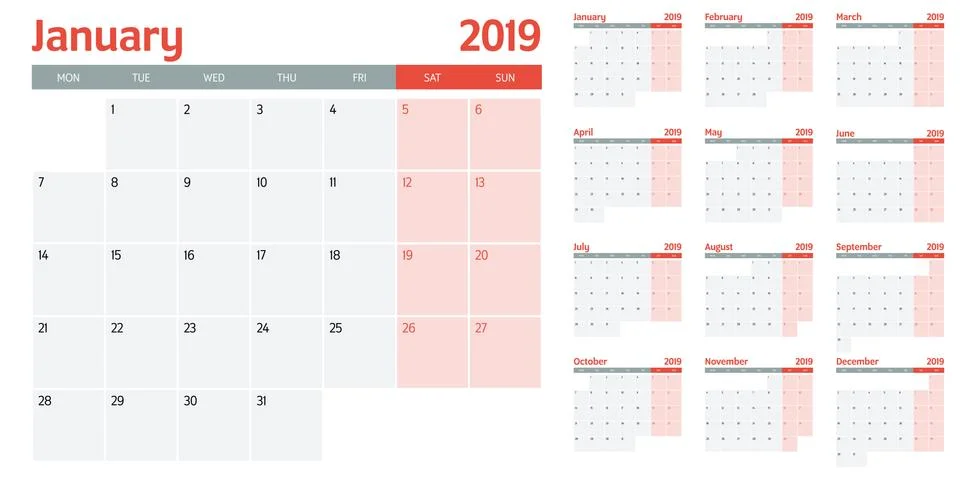 Calendar planner 2019 template vector illustration Stock Illustration