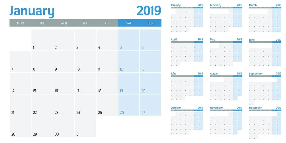 Calendar planner 2019 template vector illustration Stock Illustration