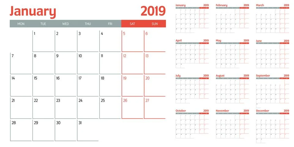 Calendar planner 2019 template vector illustration Stock Illustration