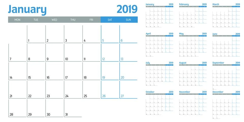 Calendar planner 2019 template vector illustration Stock Illustration