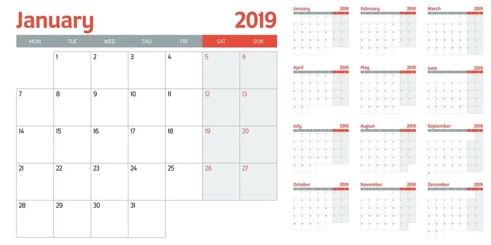 Calendar planner 2019 template vector illustration Stock Illustration