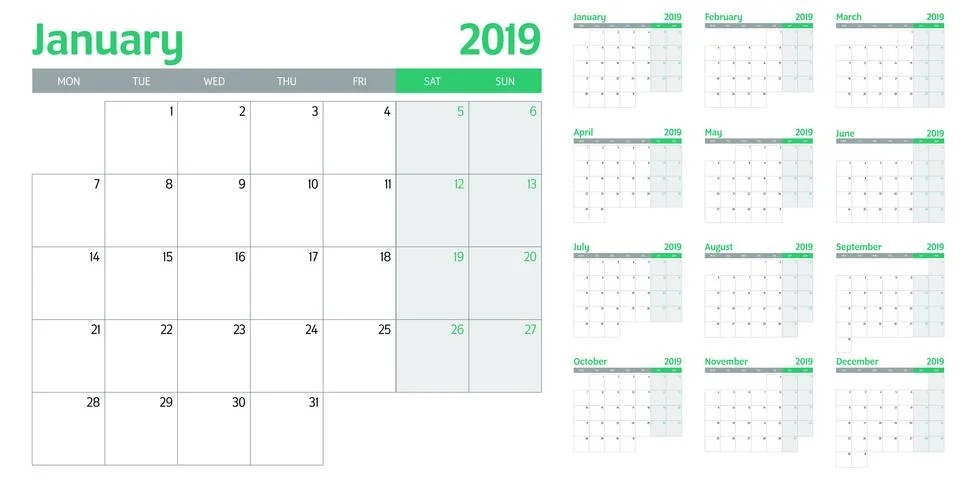 Calendar planner 2019 template vector illustration Stock Illustration