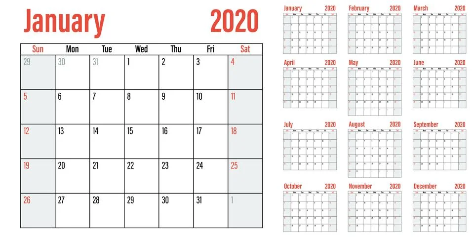 Calendar planner 2020 template vector illustration Stock Illustration
