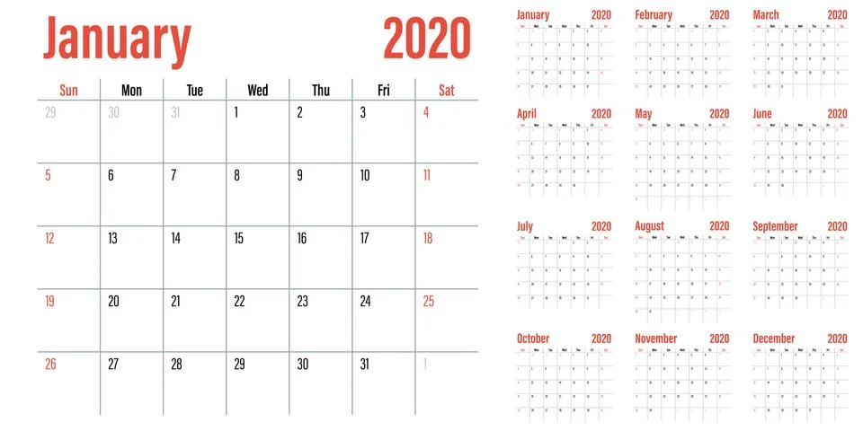 Calendar planner 2020 template vector illustration Illustrazione stock
