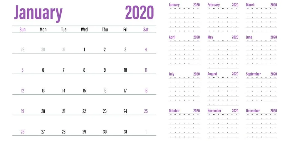 Calendar planner 2020 template vector illustration Stock Illustration