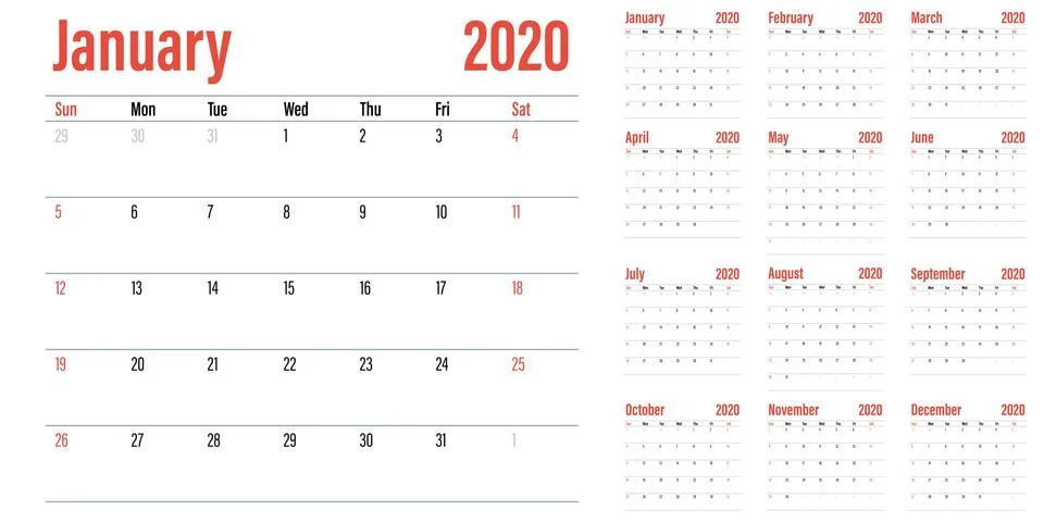 Calendar planner 2020 template vector illustration Stock Illustration