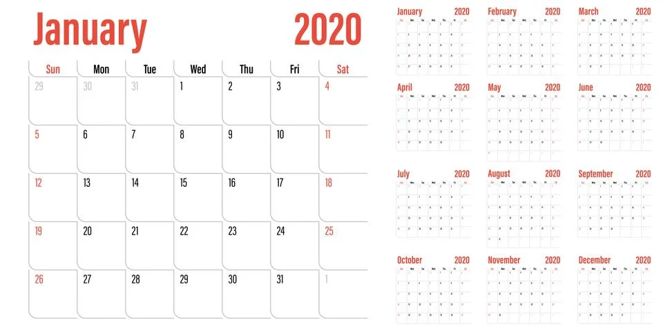 Calendar planner 2020 template vector illustration Stock Illustration