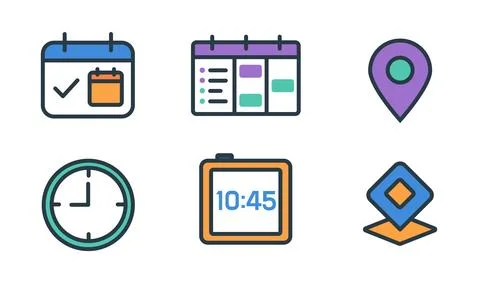 Calendar planner clock smartwatch and location icon set Stock Illustration