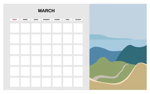 Calendar Planner March spring month. Minimal abstract contemporary landscape Stock Illustration