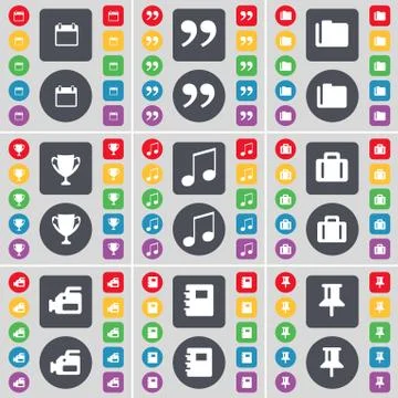 Calendar, Quotation mark, Folder, Cup, Note, Suitcase, Film camera, Notebook, Pi Stock Illustration