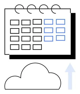 Calendar with rectangular days highlighted in blue and upload arrow going thr Stock Illustration
