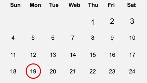 Calendar with red circle around the number 19 on a Monday Stock Illustration