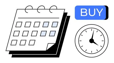 Calendar with ring binding, clock showing time, and blue BUY button. Ideal fo 스톡 일러스트
