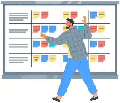 Calendar schedule board with collaboration plan, stickers. Business man planning Stock Illustration