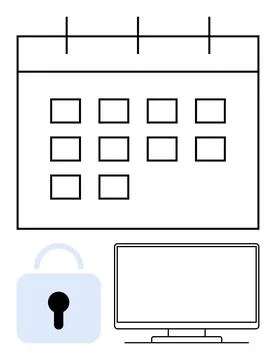 Calendar scheduling grid above secured lock and computer monitor, represent.. Stock Illustration