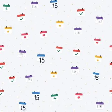 Calendar seamless pattern with colorful flat date icons, hearts, stars and Stock Illustration