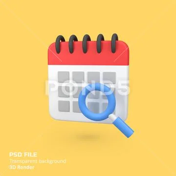 Calendar with search isolated 3d render icon illustration PSD Template
