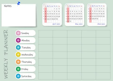 Calendar of second quarter of 2021 year with weekly planner table Stock Illustration