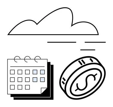 Calendar with selected dates, a floating cloud, and a dollar coin represent e Stock Illustration