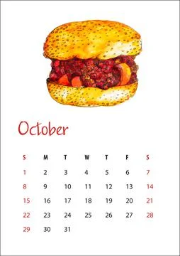 Calendar sheet for october 2023 appetizing sandwich, sloppy joes, american cu Stock Illustration