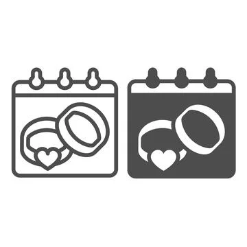 Calendar sheet with two wedding rings and heart line and solid icon, marriage Illustrazione stock