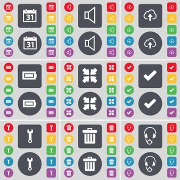 Calendar, Sound, Cloud, Battery, Deploying screen, Tick, Wrench, Trash can, Head イラスト素材