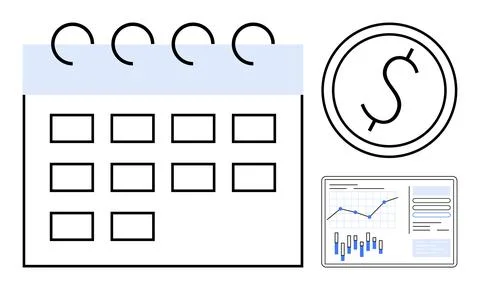 Calendar with spiral binding, dollar symbol in circle, and data analytics cha 스톡 일러스트