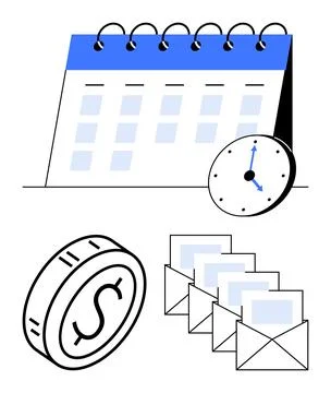 Calendar with spiral binding, small clock, dollar coin, and envelopes. Ideal  Stock Illustration