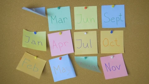 Calendar, Sticky notes on pin board on the wind funny animation Stock Footage 99551802