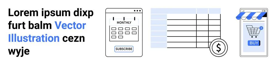Calendar with subscription button, spreadsheet, and smartphone with shopping  Stock Illustration