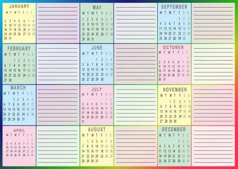 Calendar with table for important dates 스톡 일러스트
