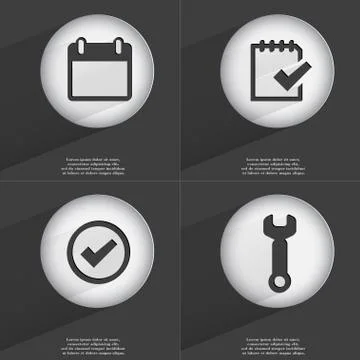 Calendar, Task completed, Tick, Wrench icon sign. Set of buttons with a flat des Stock Illustration