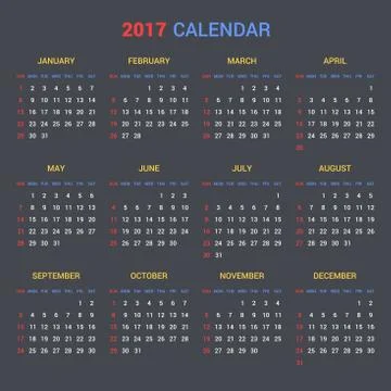 Calendar Template for 2017 on Dark Background. Vector Stock Illustration