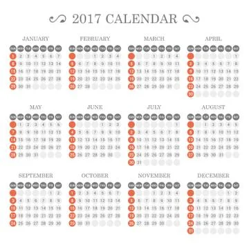 Calendar Template for 2017 on White Background. Vector 库存插图