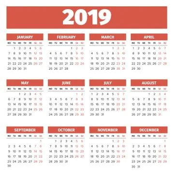 Calendar template 2019 Stock Illustration