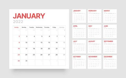 Calendar template for 2022 with week start on Sunday. Stock Illustration