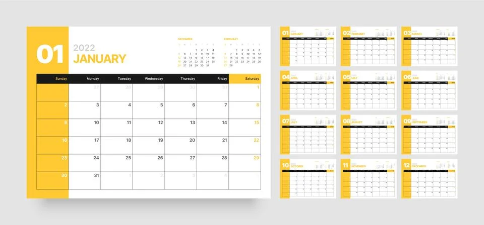 Calendar template for 2022 with week start on Sunday. Stock Illustration